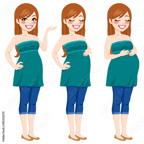 Pretty happy pregnant woman showing pregnancy growing process touching her belly