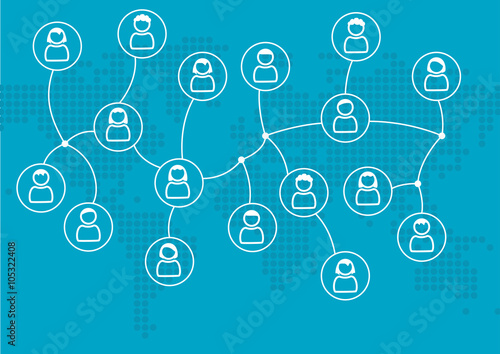 Social network concept of globally connected people or colleagues. Vector illustration with world map in flat design