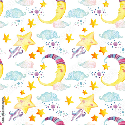 Watercolor fairy tale seamless pattern with magic sun, moon, cute little star and fairy clouds