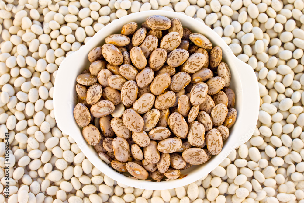Haricot beans brown color spotted in a white mini pot Haricot beans brown color spotted in a white mini pot