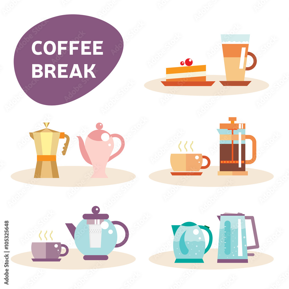 Tea pot and coffee vector sticker set illustration and icon. Tea cup and latte, cake. Flat elements of drink design. Electric kettle. Tea and coffee stickers. Flat coffee break elements