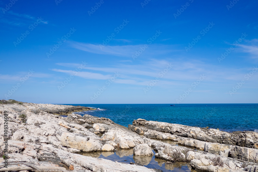 Rocky shoreline near Polignano a Mare in a sunny day. Apulia, Italy.
