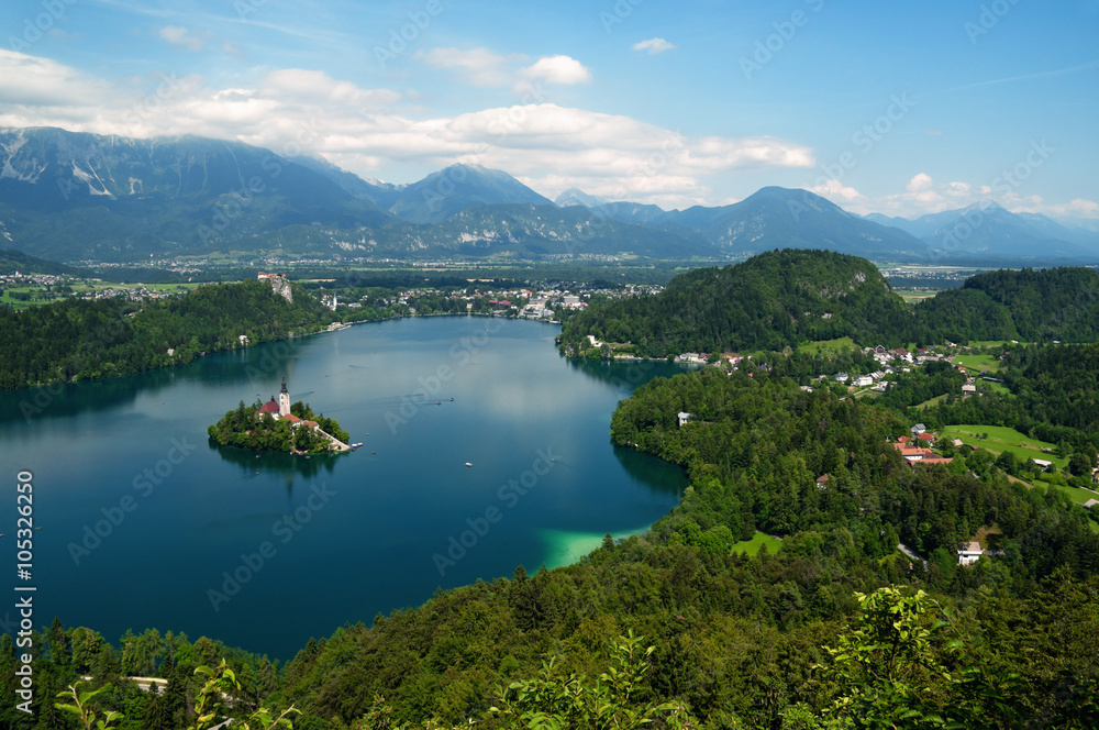 Panoramic view of Lake bled and  St. Mary´s Church of the Assumption .