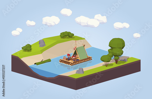 Travel down the river on a raft. 3D lowpoly isometric vector concept illustration