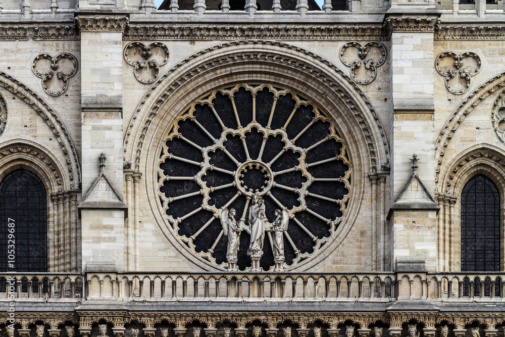 Architecture detail of front side cathedrale Notre Dame.