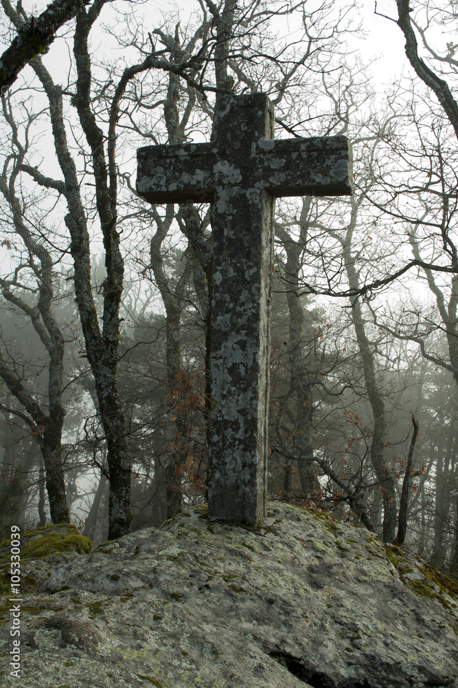 Stone cross in the forest. Stone cross in the forest.