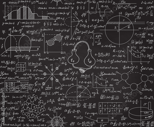 Physical vector seamless pattern with formulas, plots, equations, handwritten with chalk on a grey board