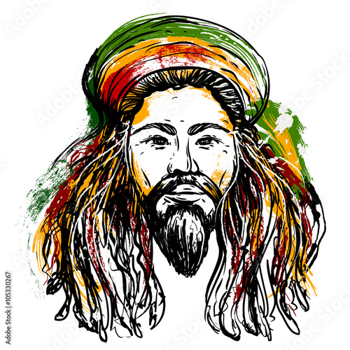 Portrait of rastaman. Jamaica theme. Reggae concept design.  Tattoo art. Hand drawn grunge style art. Retro banner, card, t-shirt, bag, print, poster.Vintage colorful hand drawn vector illustration