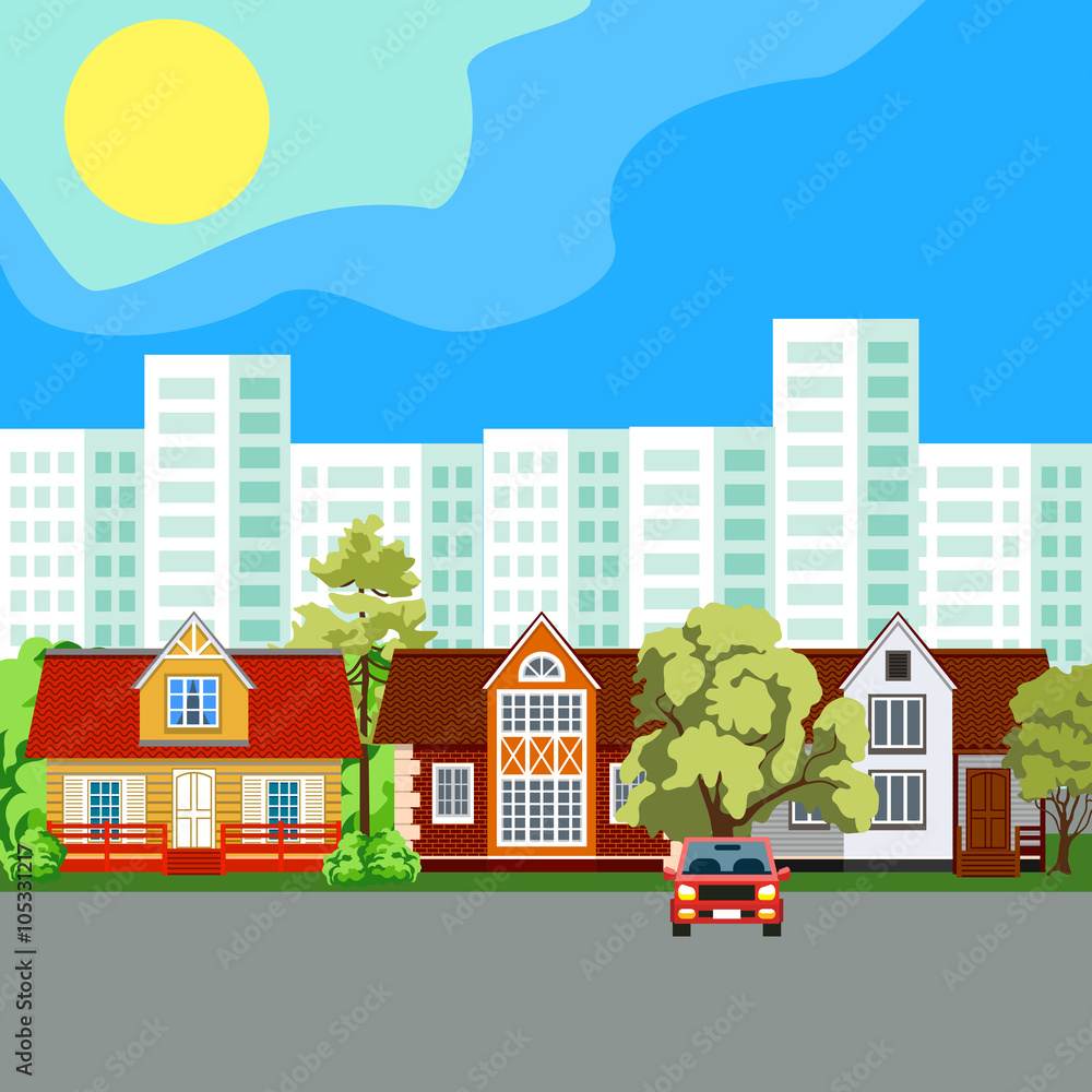 Traditional and modern house. Cityscape background. Urban landscape.