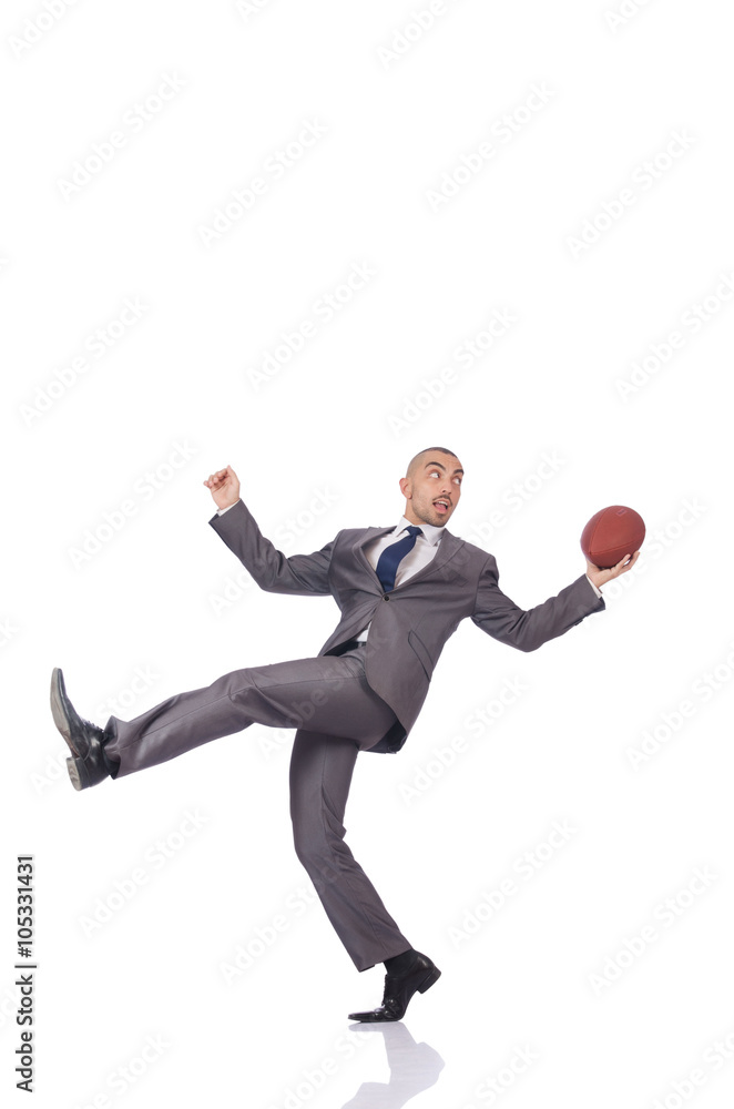 Man with american football ball isolated on white