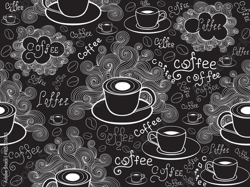 Food and drink vector seamless pattern with coffee cup and words "Coffee" handwritten by chalk on grey board. Endless food vector texture