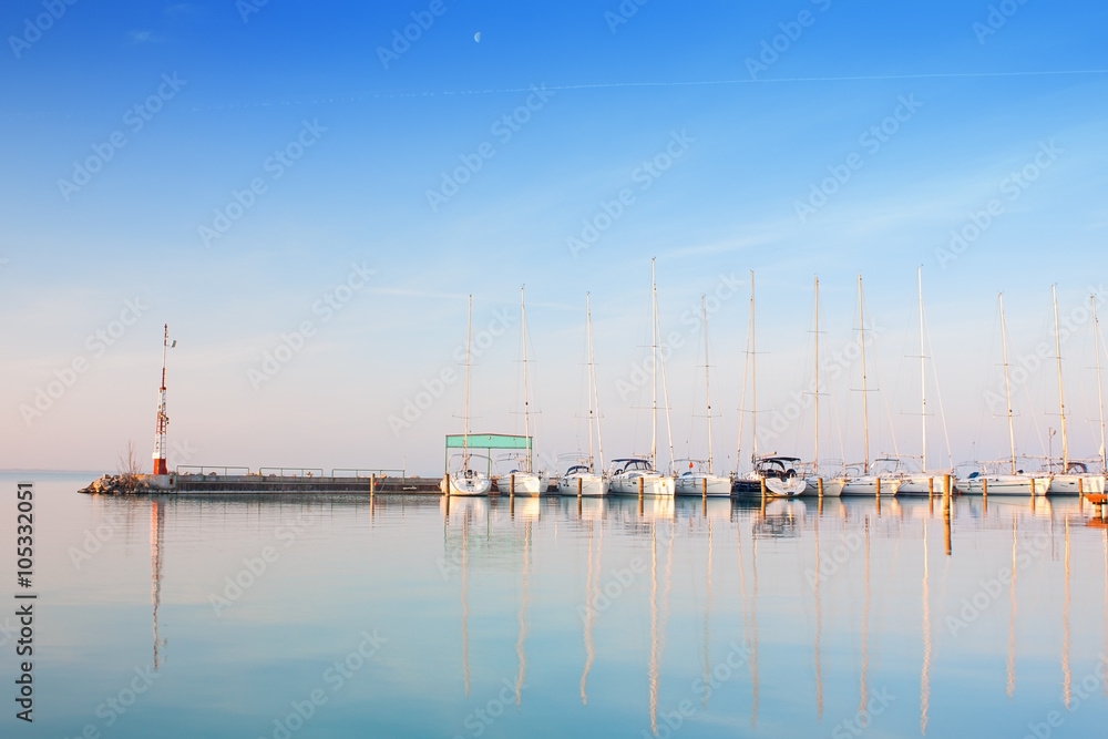 Fototapeta premium Port with anchored boats on lake Balaton
