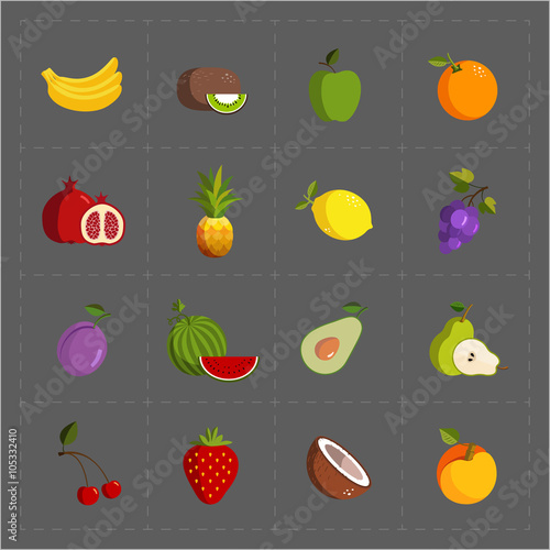 Colorful Fruit Icon Set on Grey Background 