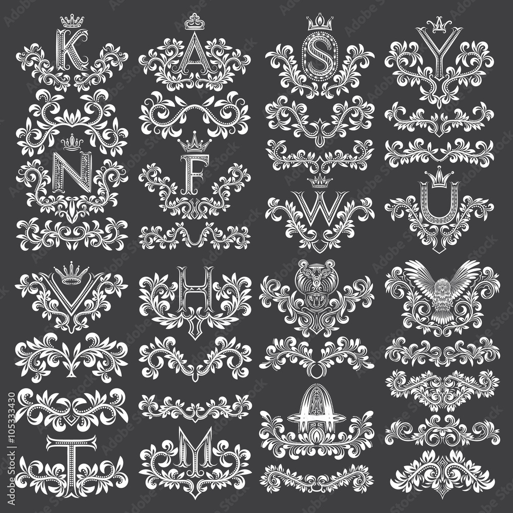 Big set of ornamental elements for design. White floral decorations on black. Isolated tattoo patterns in vintage style. Vintage page ornate decorations.