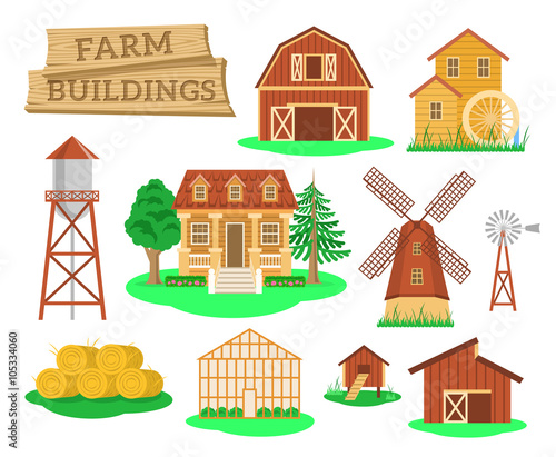 Farm buildings and constructions flat infographic vector elements set. Icons of farmer house, barn, windmill, water mill, greenhouse, water tower etc. Agriculture industry and countryside life objects