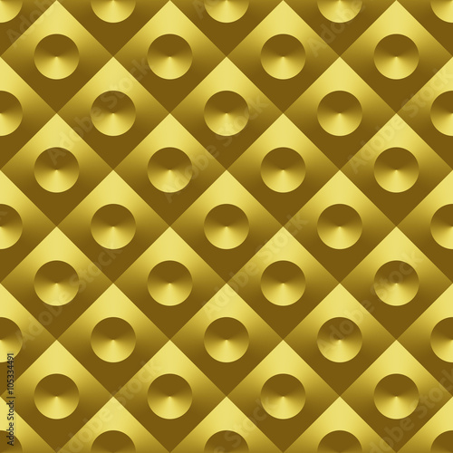 Gold metal 3D raster seamless pattern. Digitally generated geometric seamless pattern  golden metal tile with convex diamonds and sunken cones  can be used for 3D rendering.
