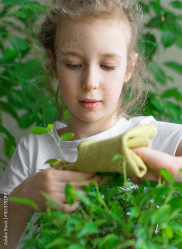 Tableau sur toile Little girl wipes dust from the flower leaves.