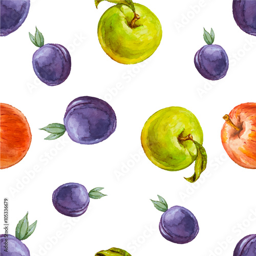 Watercolor seamless pattern with plums, red and green apples. Hand drawn design. Vector summer fruit illustration.