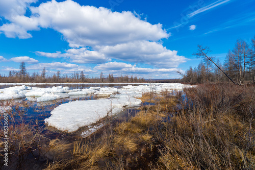 фотографія Spring day landscape with river, debacle and cloudy sky
