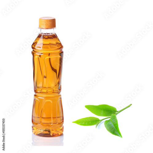 Bottle of green tea with tea leaf isolated on white background