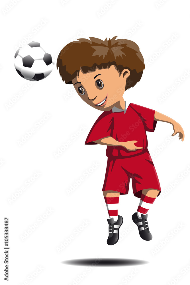 boy football player in red jumping ball hit his head boy football player in red jumping ball hit his head