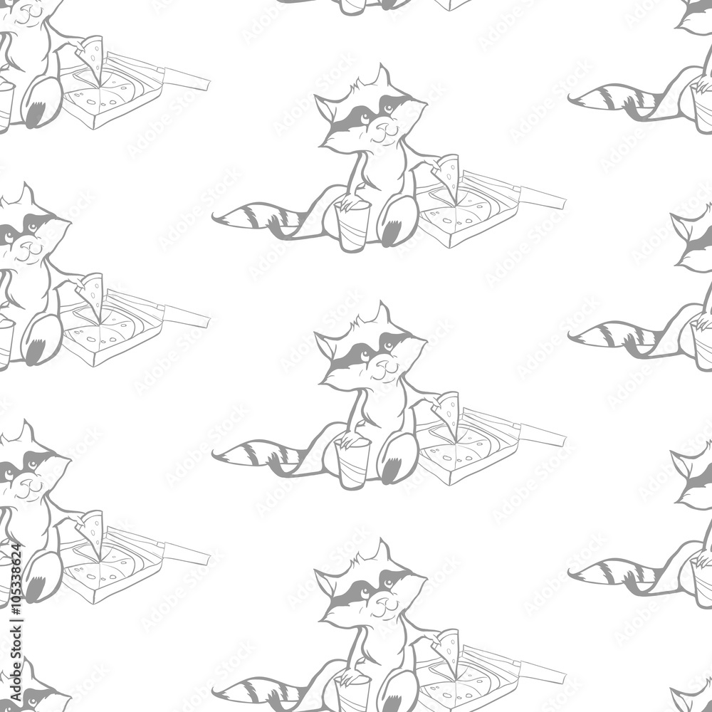 Fototapeta premium Cute Raccoon with pizza and pop seamless background pattern vect