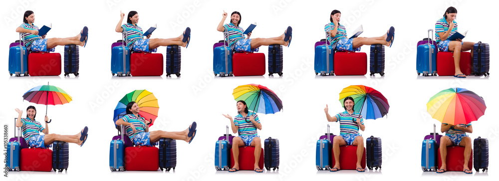 Traveler with red case and umbrella isolated on white Traveler with red case and umbrella isolated on white
