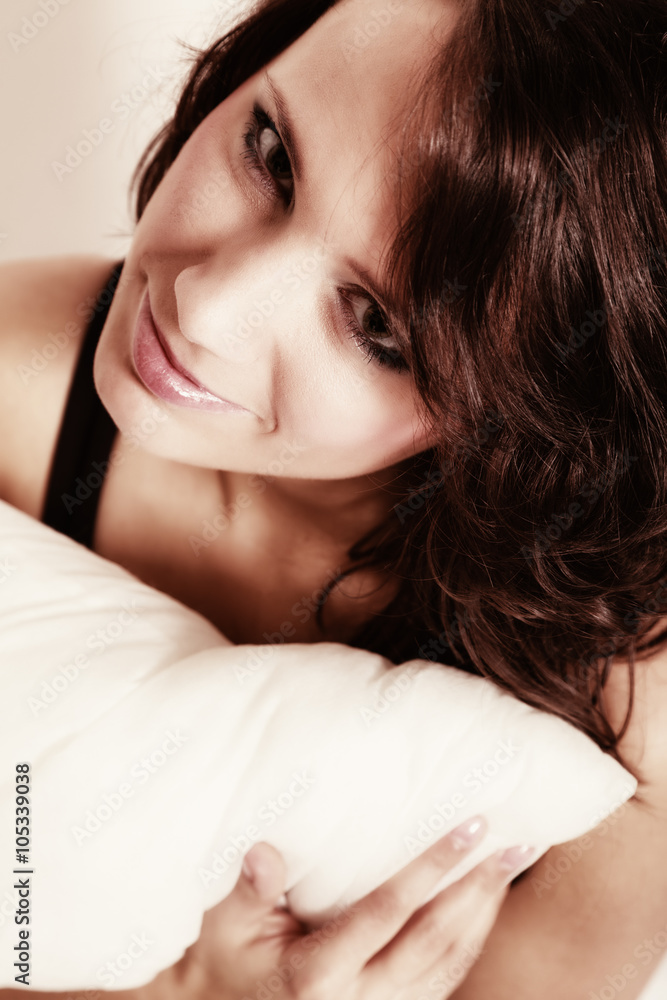 Sexy girl lazy woman with pillow on bed in bedroom Sexy girl lazy woman with pillow on bed in bedroom