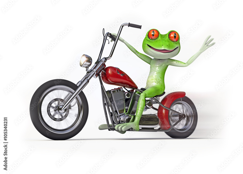 Frog on Motorcycle - Comical green frog speeding along on a bobber