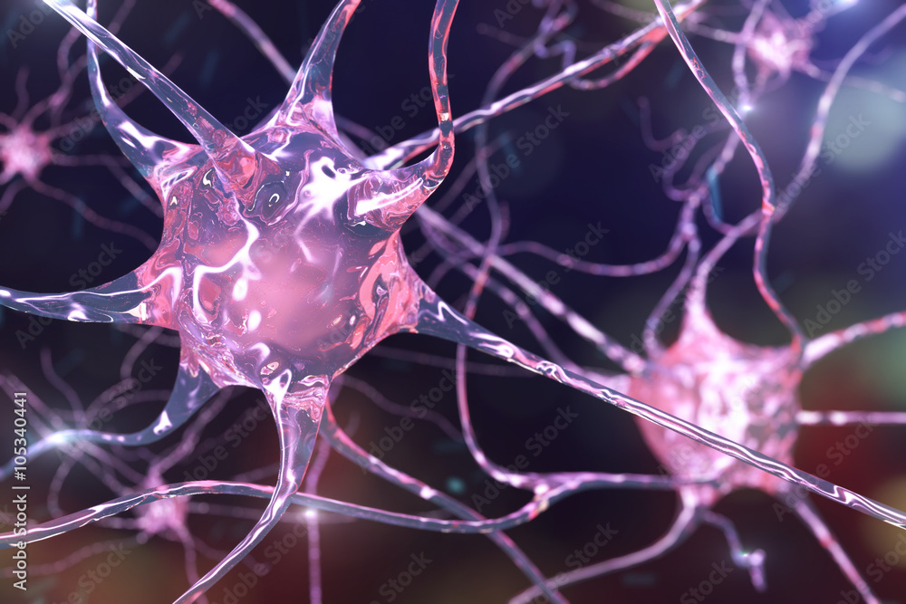 3D illustration of neurons on colorful background, model of nervous