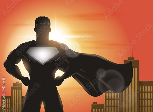 Superhero Standing with Cape Waving in the Wind Silhouette