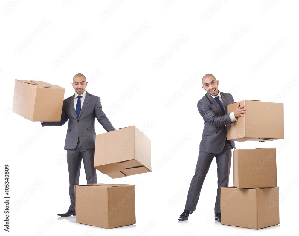 Collage of photos with man and boxes Collage of photos with man and boxes
