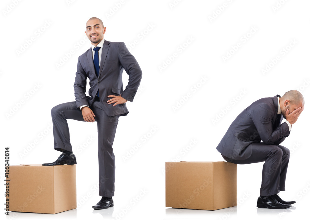 Collage of photos with man and boxes Collage of photos with man and boxes