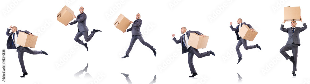 Collage of photos with man and boxes Collage of photos with man and boxes