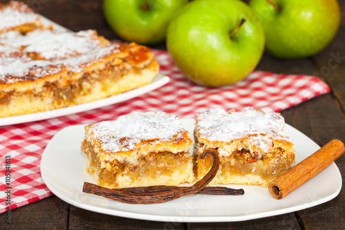 Tasty apple cake with green apples on the table 