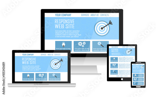 Responsive web site design flat concept in electronic devices: computer, laptop, tablet, mobile phone.