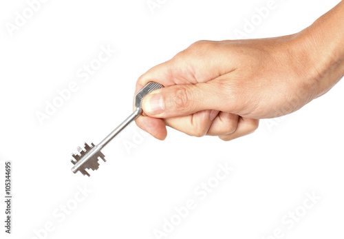 Metal key in the human hand, isolated on the white © Ilia Shcherbakov