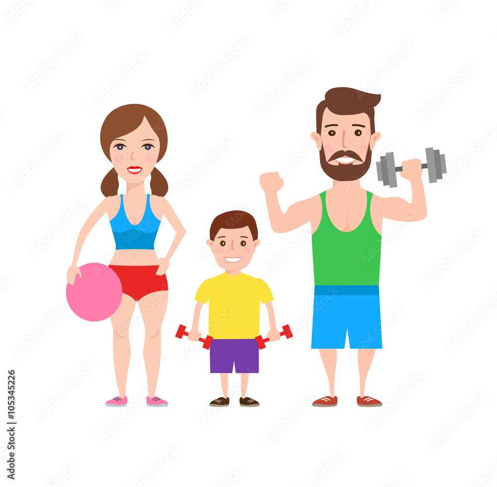 sporty and healthy family illustration isolated on white background. man with dumbbell.woman with ball