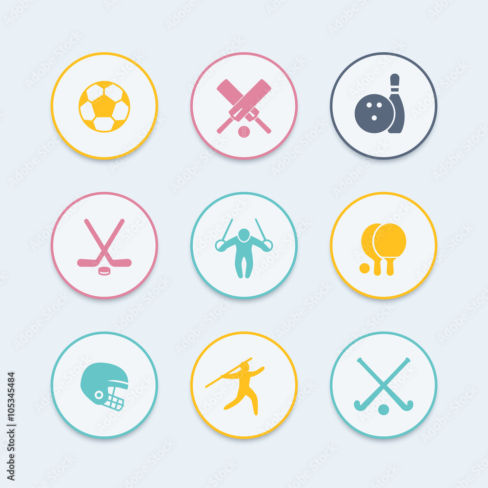 sport, games, competition icons, sport symbols, color round icons, vector illustration