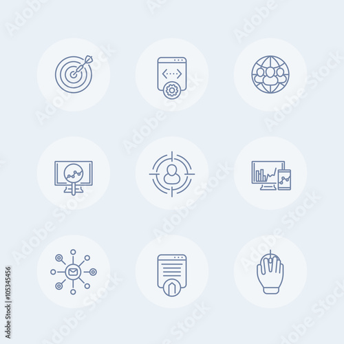 seo thin line icons, search engine optimization, internet marketing, seo, website indexing, seo tools icon, seo pictograms, vector