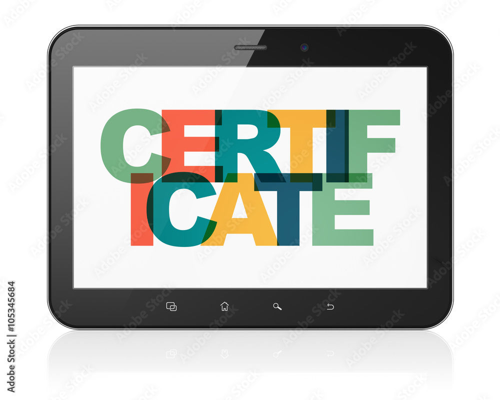 Law concept: Tablet Computer with Certificate on display Law concept: Tablet Computer with Certificate on display