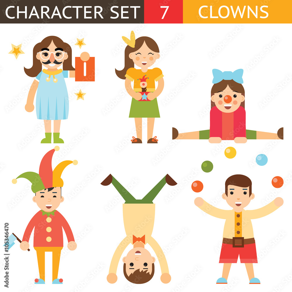 Clown 1 April Joke Fun Boys Girls Characters Icon Set Symbol Accessories Stylish Isolated Flat Design Concept Template Vector Illustration Clown 1 April Joke Fun Boys Girls Characters Icon Set Symbol Accessories Stylish Isolated Flat Design Concept Template Vector Illustration