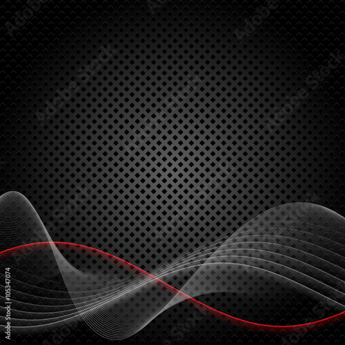 Dark background with waves. Perforated sheet, decorated with sine wave lines and one glowing red line. photo