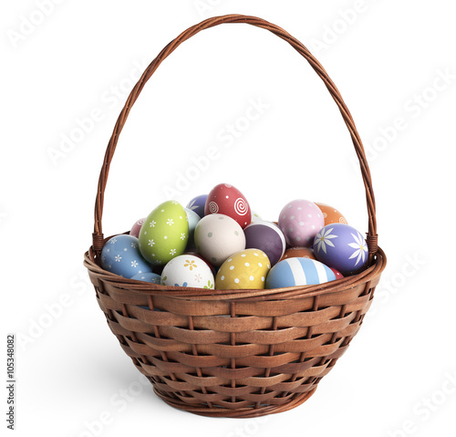 3D Easter basket filled with colorful eggs. Isolated 
