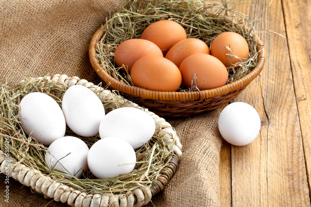 Eggs in basket on wooden background Eggs in basket on wooden background