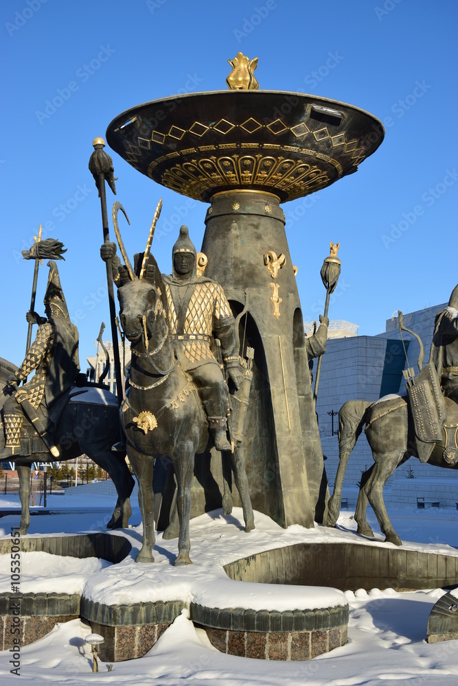 Statue featuring a historic Kazakh warrior in front of the Historical Museum in Astana, Kazakhstan