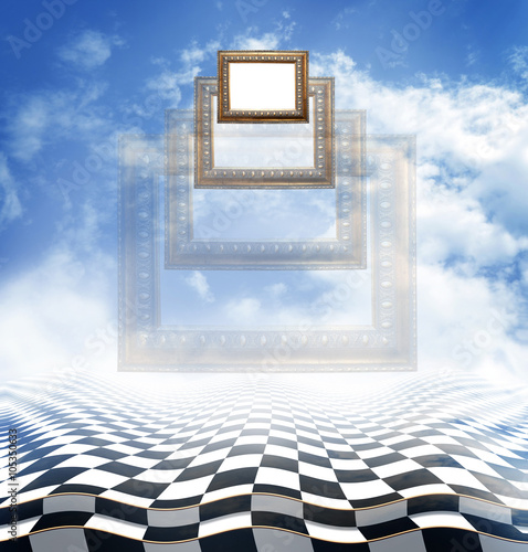 Flying аncient carved baguettes on an abstract fantasy background with checkerboard floor