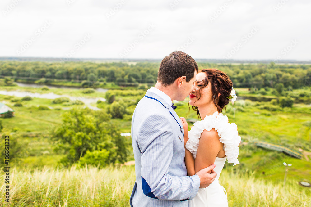 Bride and groom at wedding Day walking Outdoors on spring nature. Happy Newlywed embracing in green park. Bride and groom at wedding Day walking Outdoors on spring nature. Happy Newlywed embracing in green park.