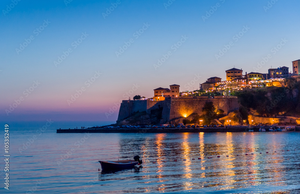 Ulcinj old town fortress after sunset.