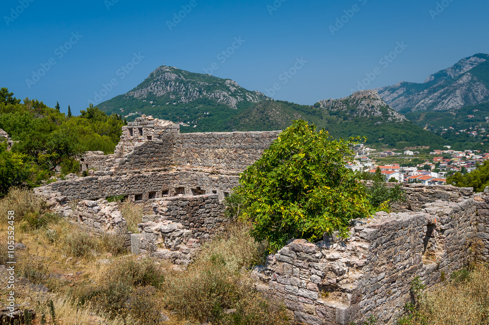 Ruins of medieval fortress with a mountain background